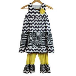 Girls Chevron 2 PC Set Black Yellow SZ 12 Sleeveless Dress Ruffle Pants Pull On